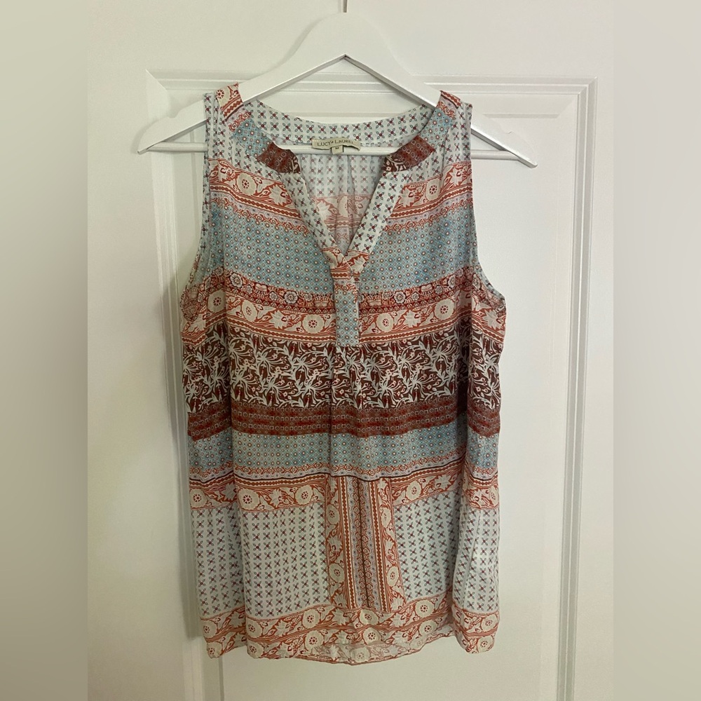 Anthropologie Lucy & Laurel Brown and Blue Sleeveless Boho Blouse Size M - Picture 1 of 5